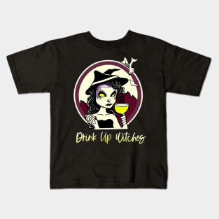 Drink Up Witches Halloween Wine Lover Lime Green Kids T-Shirt